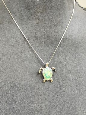 Sterling Silver Turtle Pendant Necklace with Green Opal Inlay